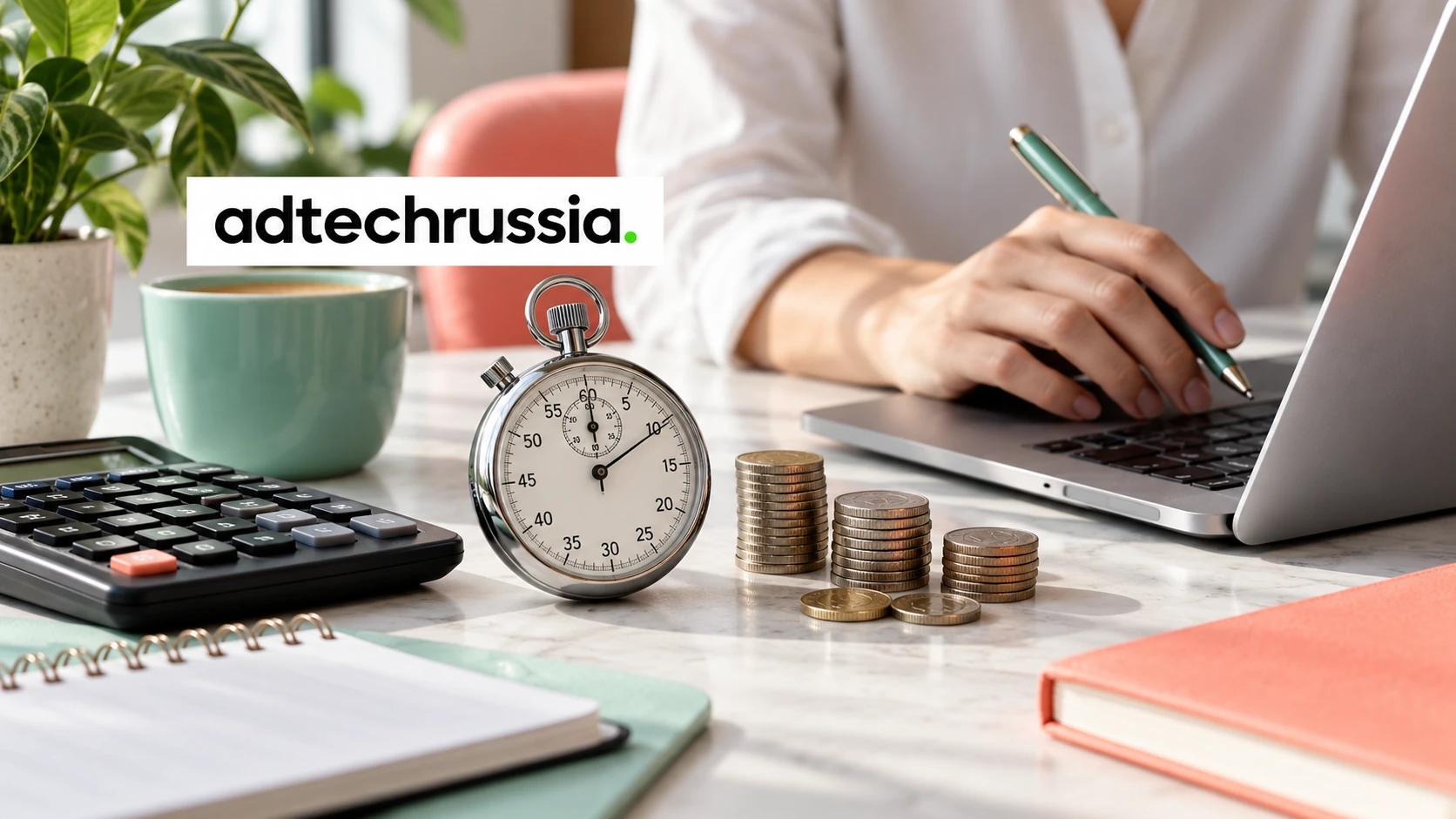 Секундомер и монеты рядом с проверяющим расчёты специалистом. Постановочная AI-фотоиллюстрация AdTech Russia, не реальный кейс