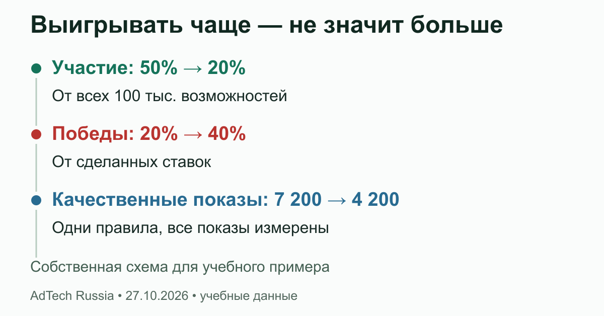 Выигрывать чаще — не значит больше. Учебный пример: ставки 50 и 20 тыс., победы 10 и 8 тыс. Разные проценты имеют разные знаменатели. Ряд не доказывает причину изменения результатов.