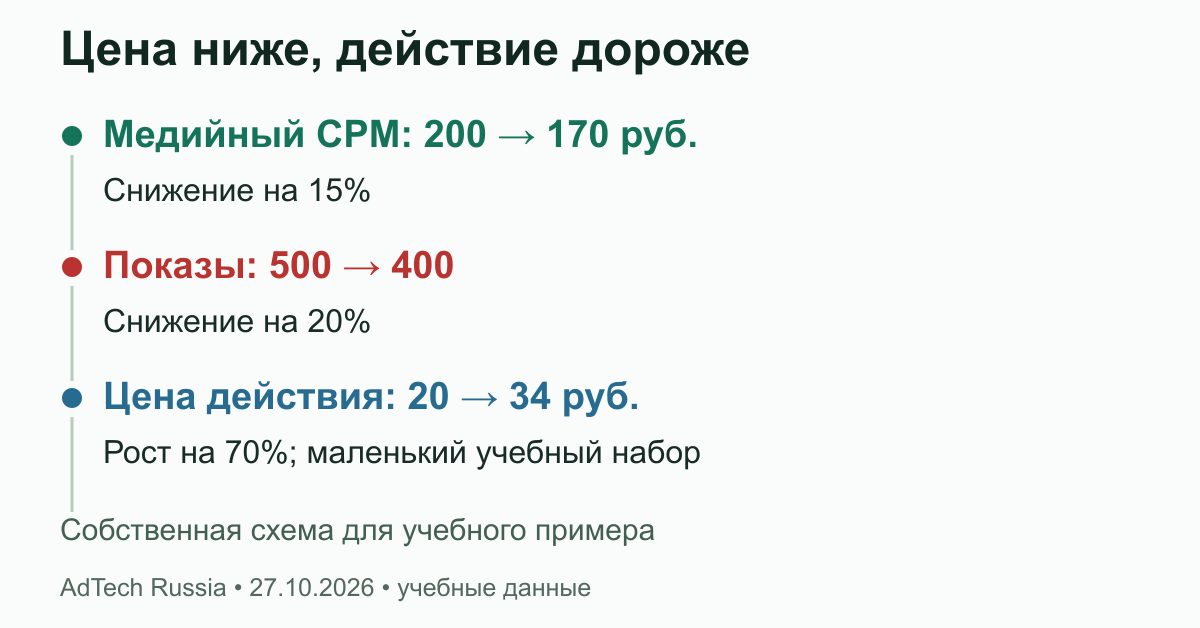 Цена ниже, действие дороже. Группы по 1 000 возможностей; расходы 100 и 68 руб., действия 5 и 2. Иллюстрация арифметики, не статистическое доказательство и не результат DSP.
